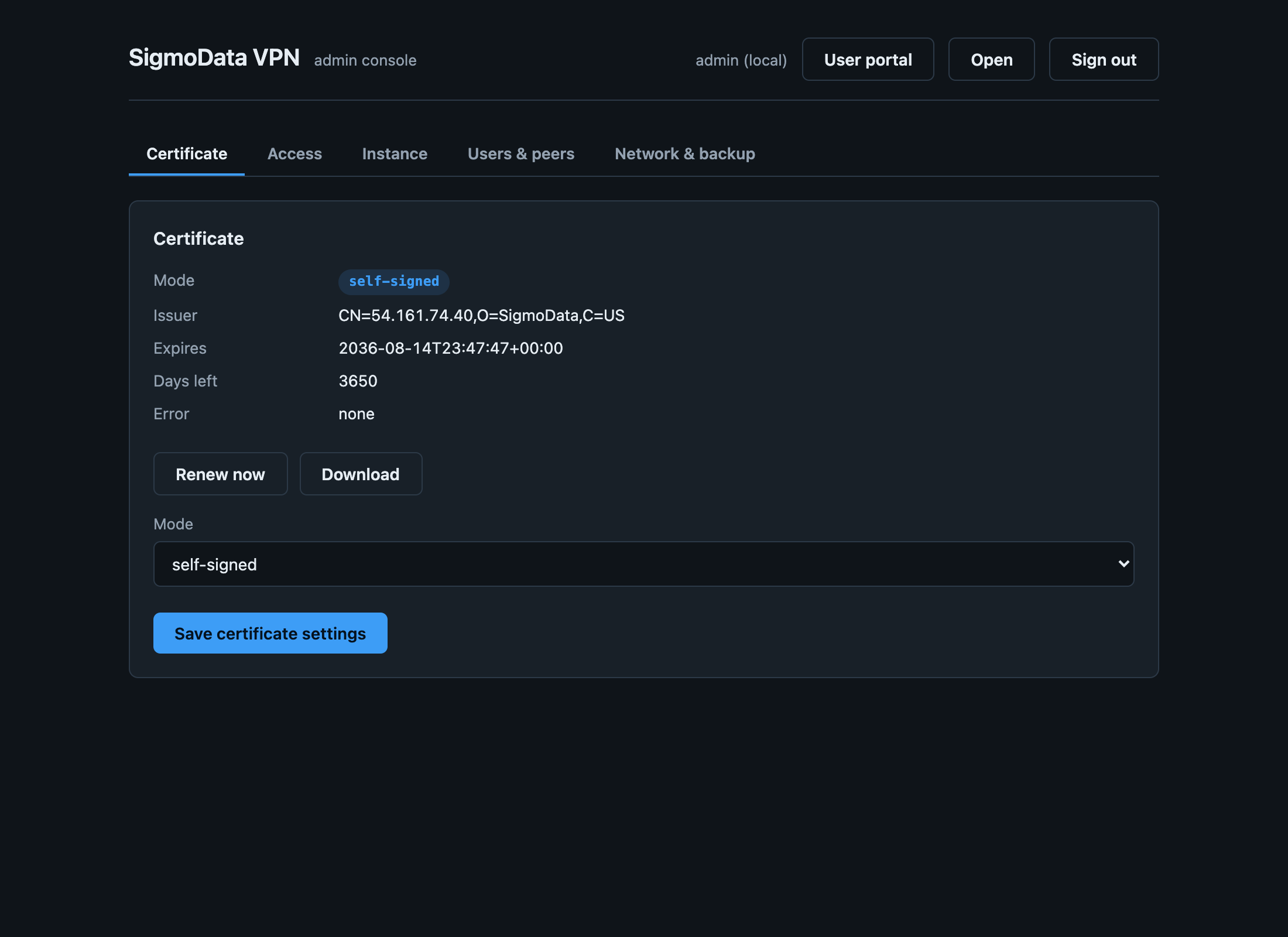 Admin console certificate tab